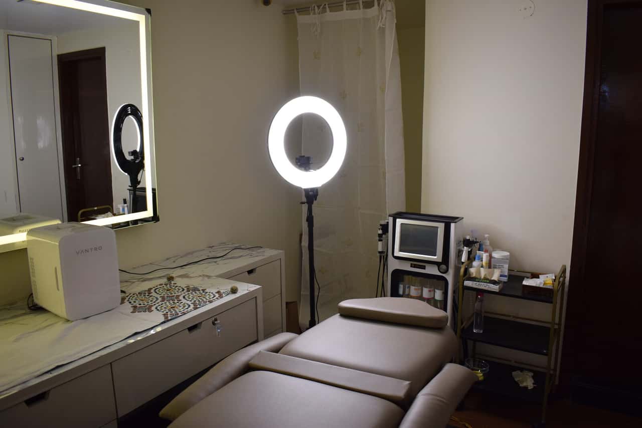 At the makeup station